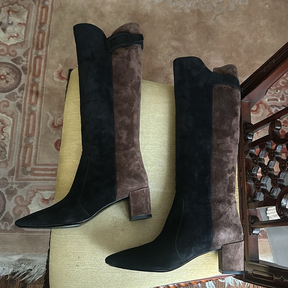 Roger Vivier Two Tone Black Brown Knee High Pull On Boots Size 39.5 US 9 - Picture 7 of 16